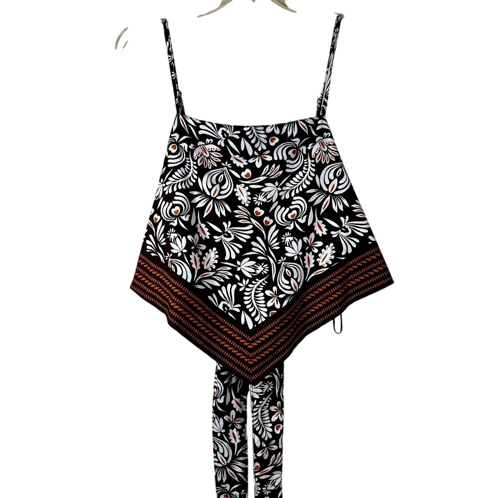 NWT Midnight Sky Brown Floral Linen Blend Handkerchief Bandana Tie Back Top L